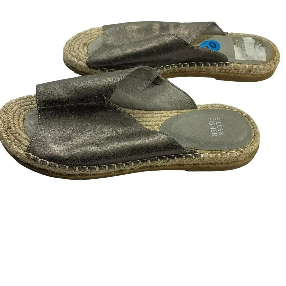 Eileen Fisher Metallic Pewter Milly Mule Espadrille Leather‎ Open Toe Sandals 10